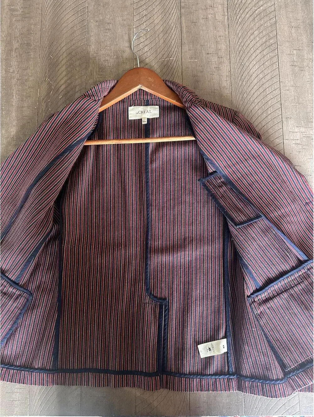 The GREAT. Shrunken Blazer Country Road Pinstripe Red Blue Women’s size 1 Small - Picture 6 of 14